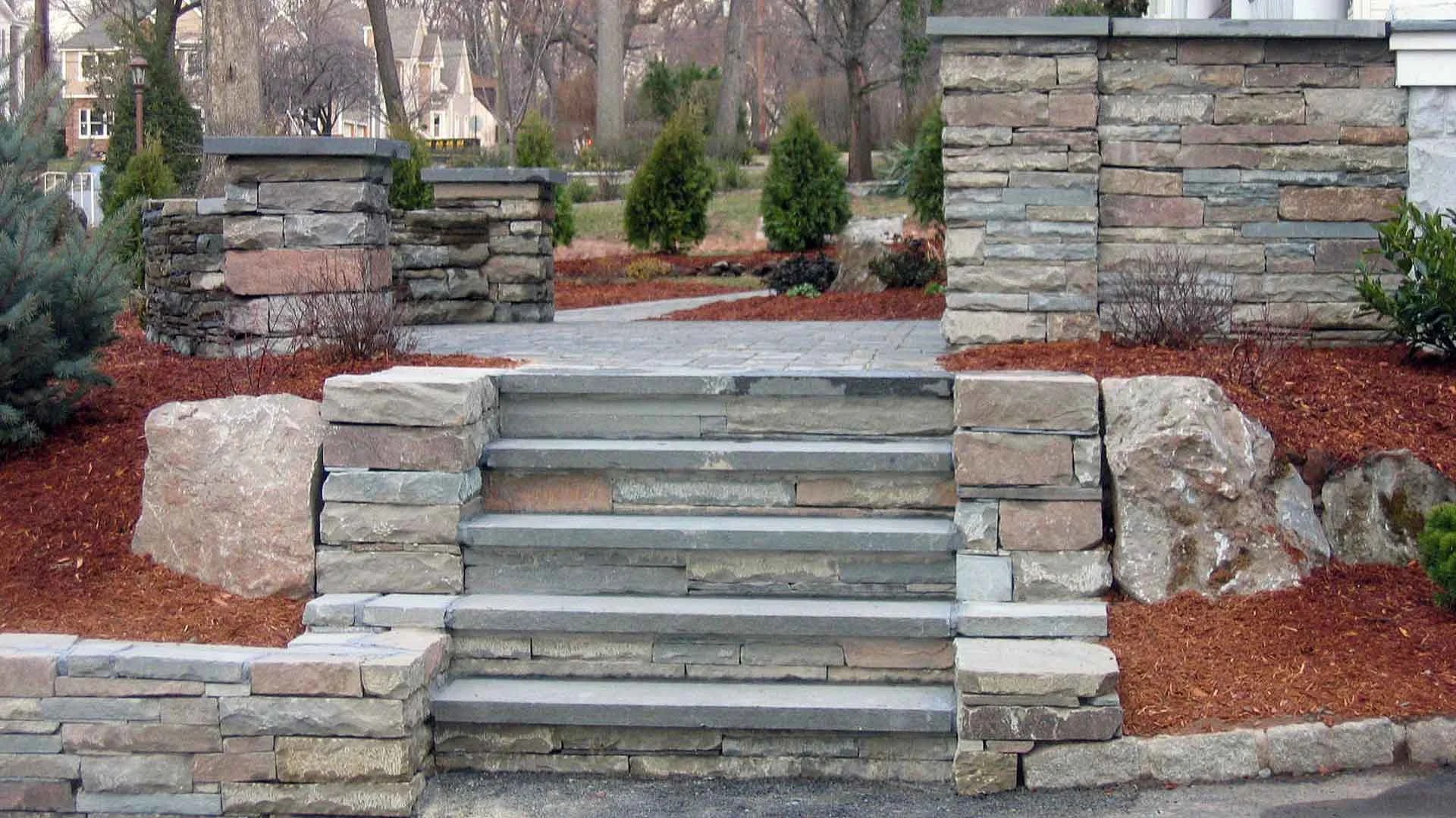 Brick pillars and steps in garden