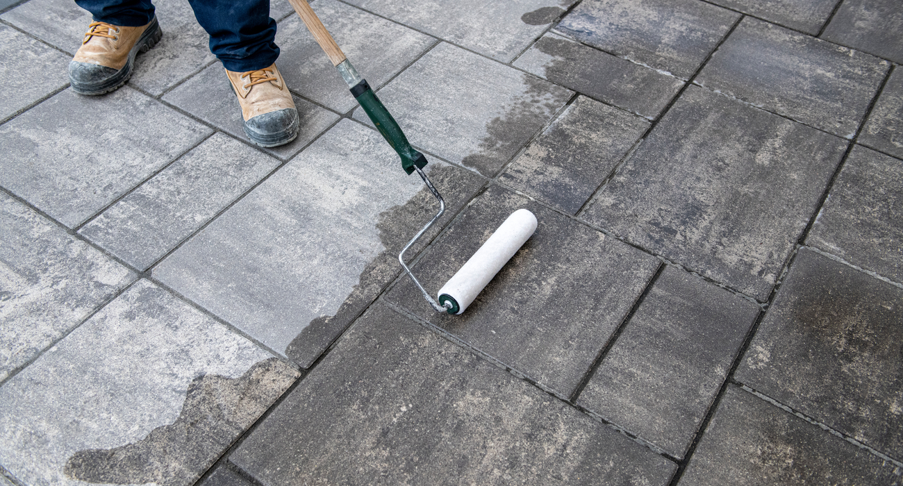 Applying sealant to patio stones
